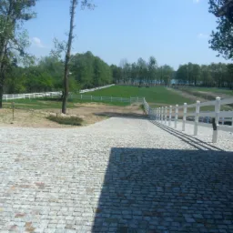 Szeroki podjazd z kostki granitowej prowadzący do posesji z białym ogrodzeniem farmerskim, w tle zielony krajobraz z drzewami i jeziorem.