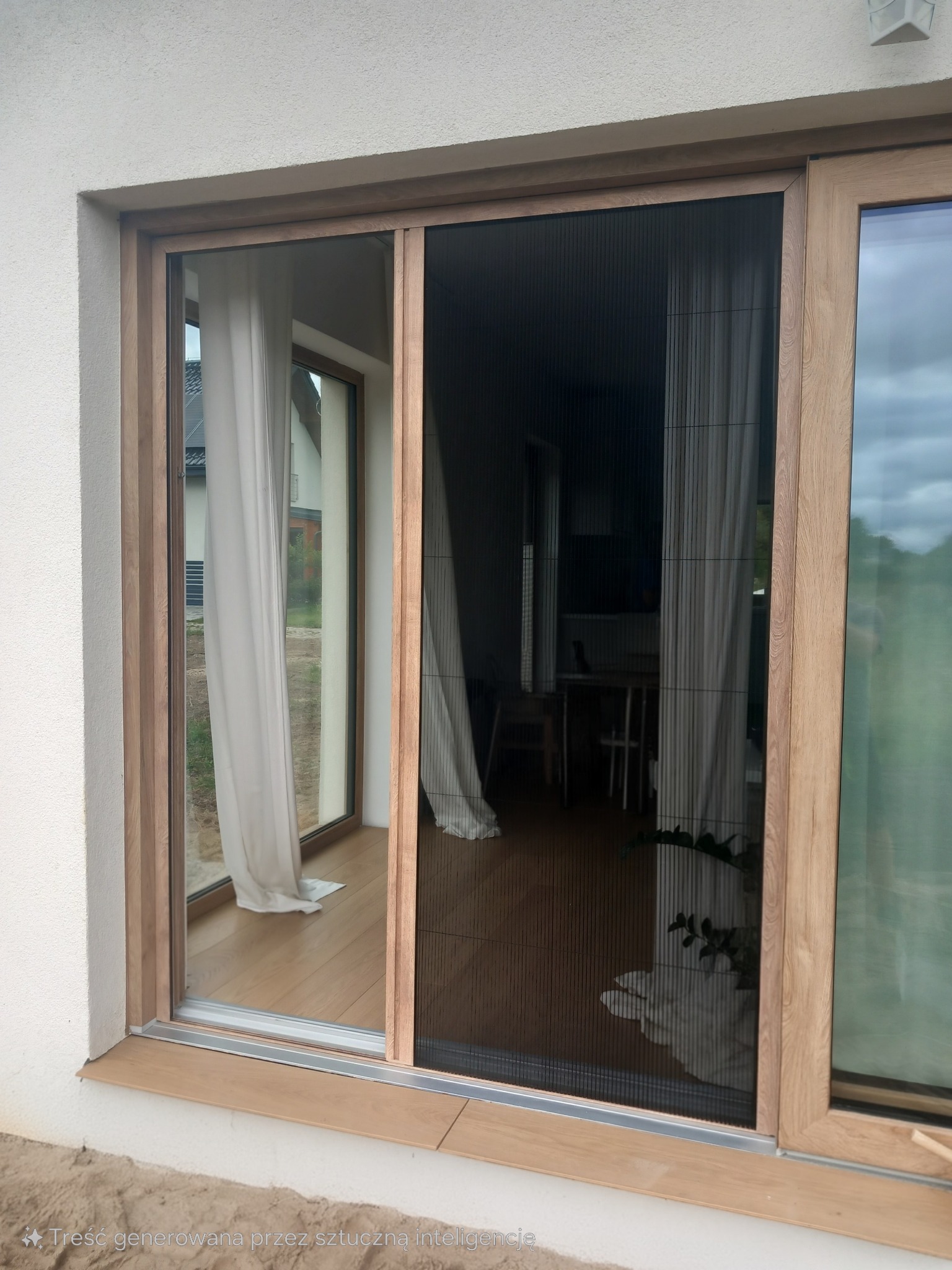 Drewniane drzwi przesuwne z moskitierą plisowaną, widok z zewnątrz. Jasne wnętrze domu z zasłonami w tle. Detal wykończenia i konstrukcji drzwi.