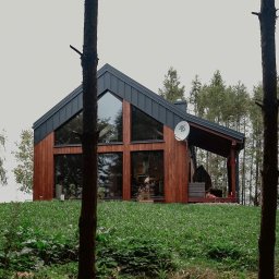 Konstrukcje drewniane i wykończenia Kacper Chmielewski - Nowoczesny dom z drewnianą elewacją i ciemnym dachem, z dużymi oknami szczytowymi, otoczony lasem w Suwałkach, ujęcie przez pnie drzew.