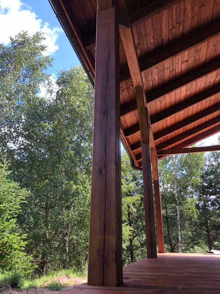 Drewniana konstrukcja z belek i desek, widok z dołu, drzewa w tle