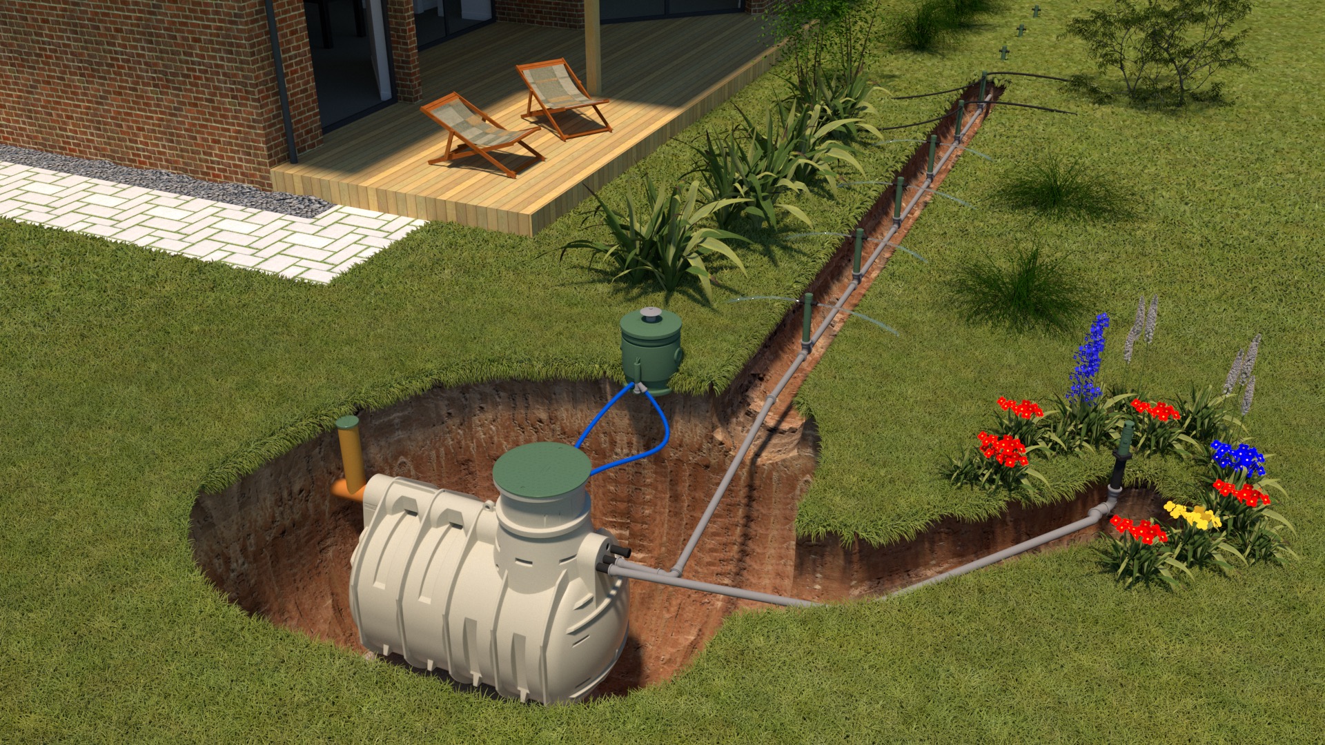 Wizualizacja 3D przydomowej oczyszczalni ścieków z drenażem rozsączającym i zbiornikiem, umieszczonej w ogrodzie obok domu z tarasem i leżakami.