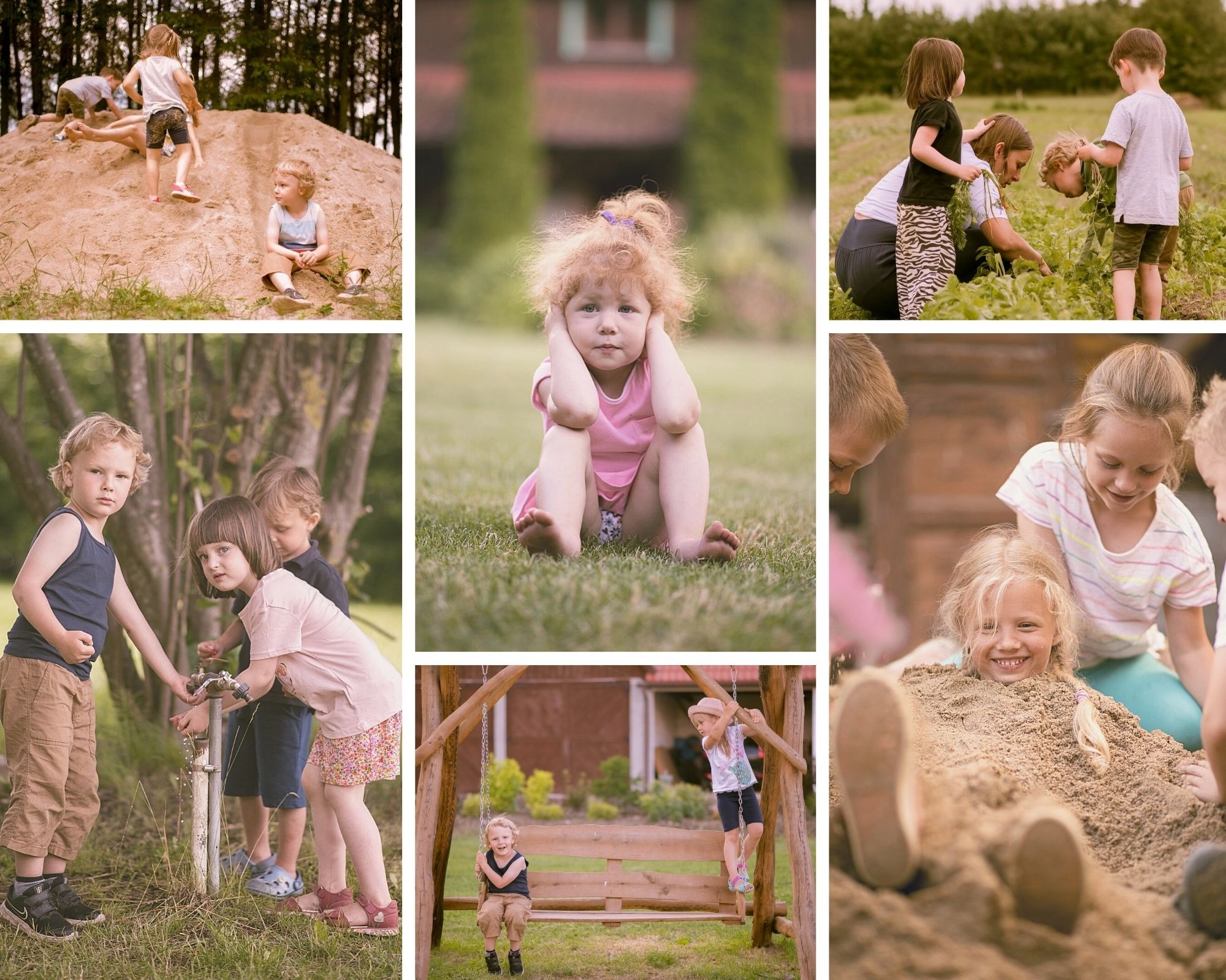 Kolaż zdjęć przedstawiających dzieci bawiące się na zewnątrz: wspinaczka na piaskową górę, zakrywanie uszu, praca w ogrodzie, zabawa wodą z kranu, huśtanie się na drewnianej huśtawce...