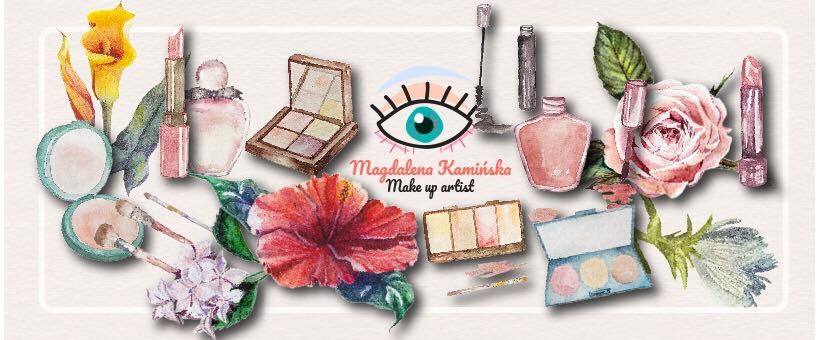 Akwarelowa ilustracja kosmetyków do makijażu, kwiatów i logo w postaci oka, z podpisem 'Magdalena Kamińska Make up artist'.