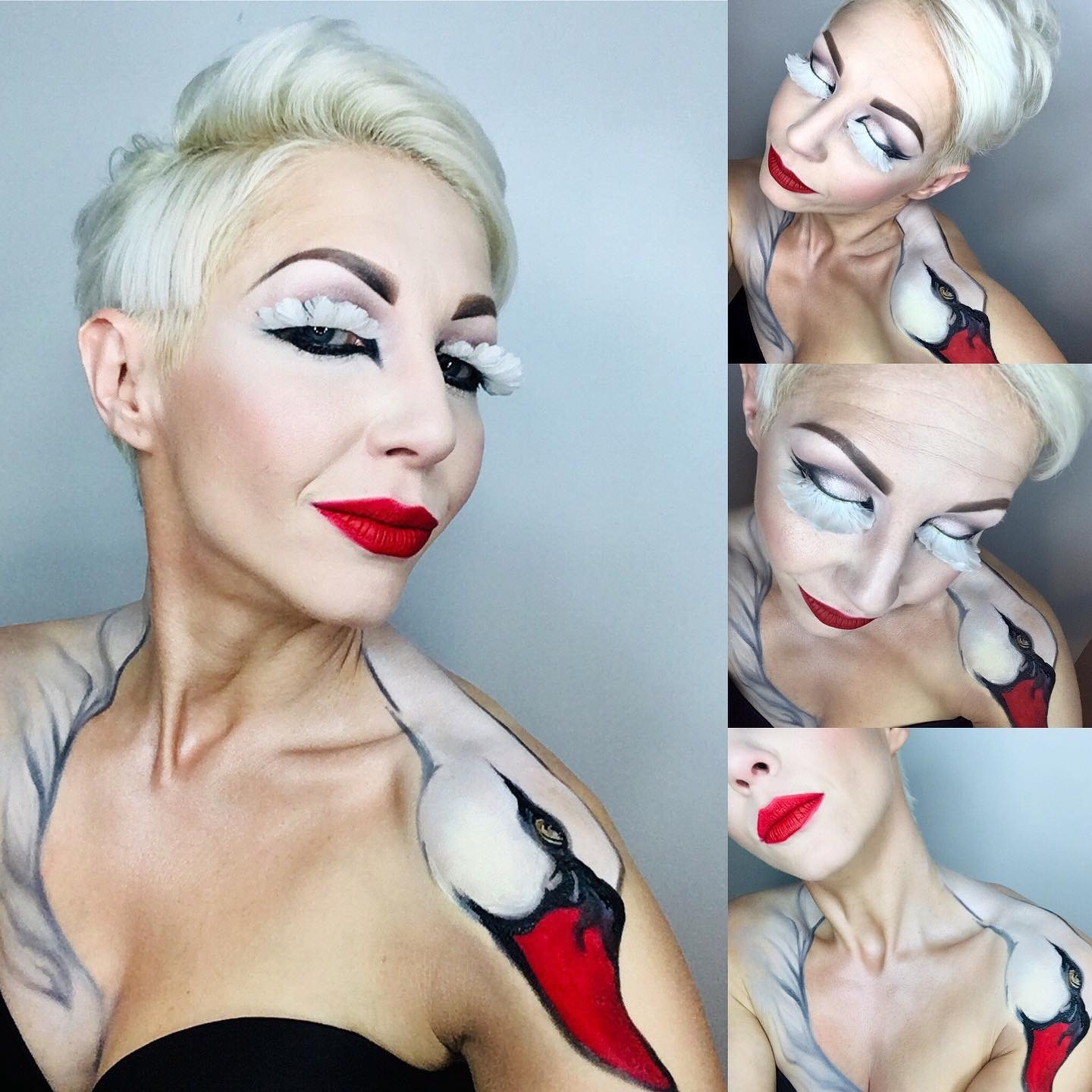 Kobieta z platynowymi włosami i artystycznym body paintingiem przedstawiającym łabędzia, z dramatycznym makijażem oczu i czerwonymi ustami, w kolażu trzech ujęć.