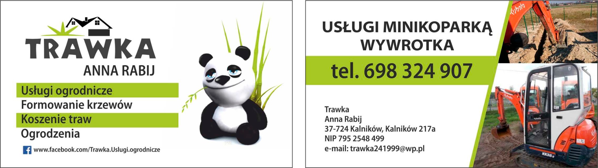 Wizytówka firmy 'Trawka Anna Rabij' oferującej usługi ogrodnicze oraz usługi minikoparką i wywrotką, z ilustracją pandy i zdjęciem minikoparki Kubota podczas wykonywania wykopu.