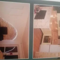 Dwa kadry z remontu mieszkania w Gnieźnie: po lewej salon z dekoracyjną ścianą z kamienia i podświetleniem LED, po prawej kuchnia z jasnymi meblami i drewnianą podłogą.