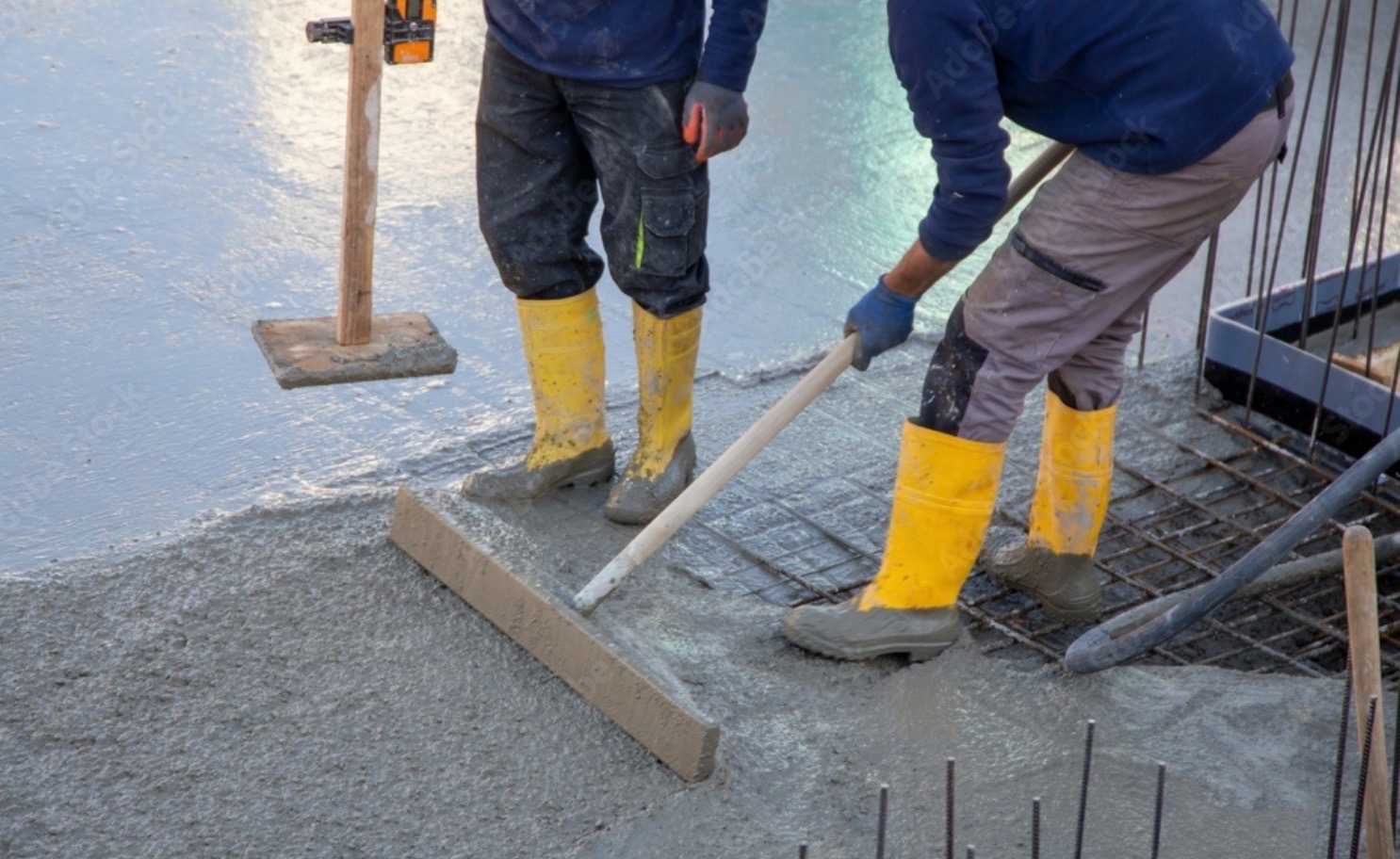 Dwóch robotników w żółtych gumowcach rozprowadza mokry beton na zbrojeniu fundamentów za pomocą łaty i poziomicy w trakcie wylewania posadzki.