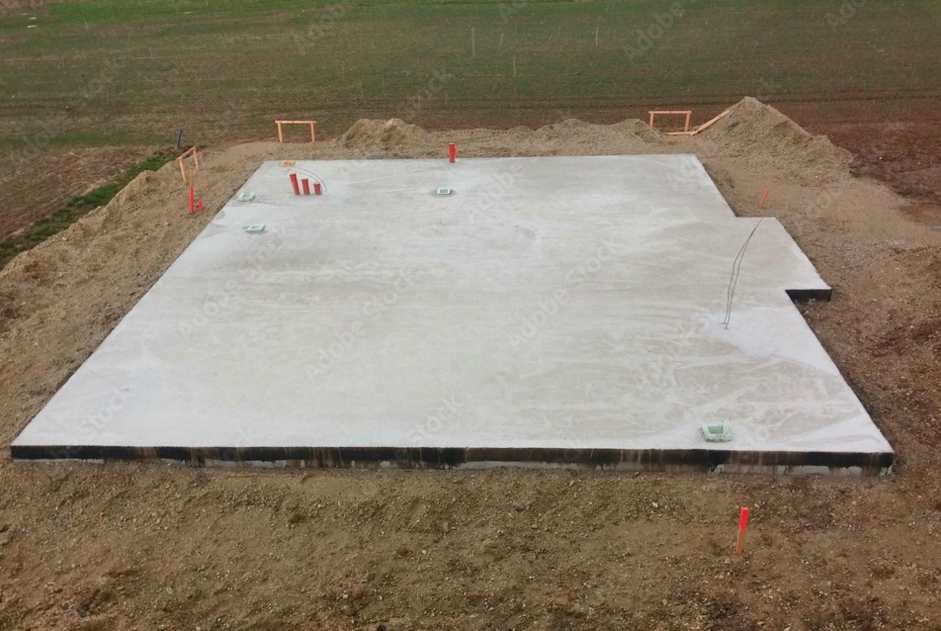 Świeżo wylana płyta fundamentowa na gruncie z widocznymi elementami szalunku, pionowymi znacznikami oraz wystającymi przewodami.
