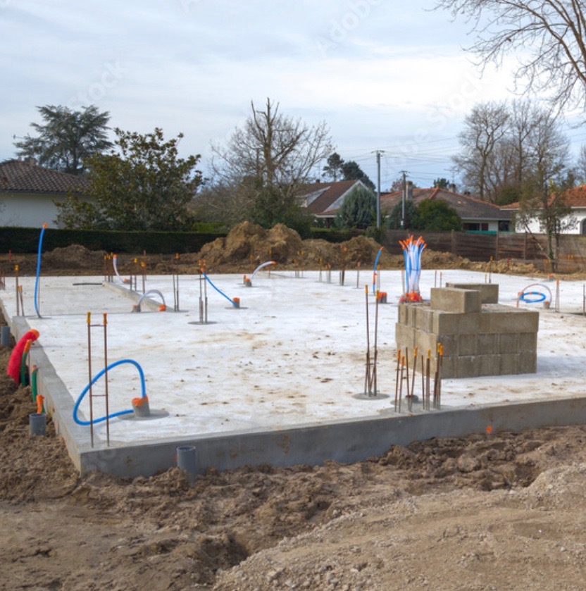 Betonowa płyta fundamentowa z wystającymi prętami zbrojeniowymi i rurami instalacyjnymi na działce budowlanej w trakcie budowy domu jednorodzinnego.