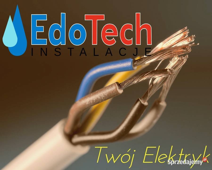 Makro zbliżenie na kabel elektryczny z odsłoniętymi żyłami w kolorach niebieskim, żółtym i brązowym, na tle logo firmy instalacyjnej EdoTech i napisu Twój Elektryk.