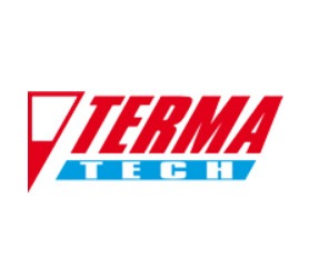 Logo firmy Terma Tech z czerwonym symbolem graficznym po lewej stronie i napisem 'TERMA' w czerwieni oraz 'TECH' w kolorze niebieskim poniżej, na białym tle.