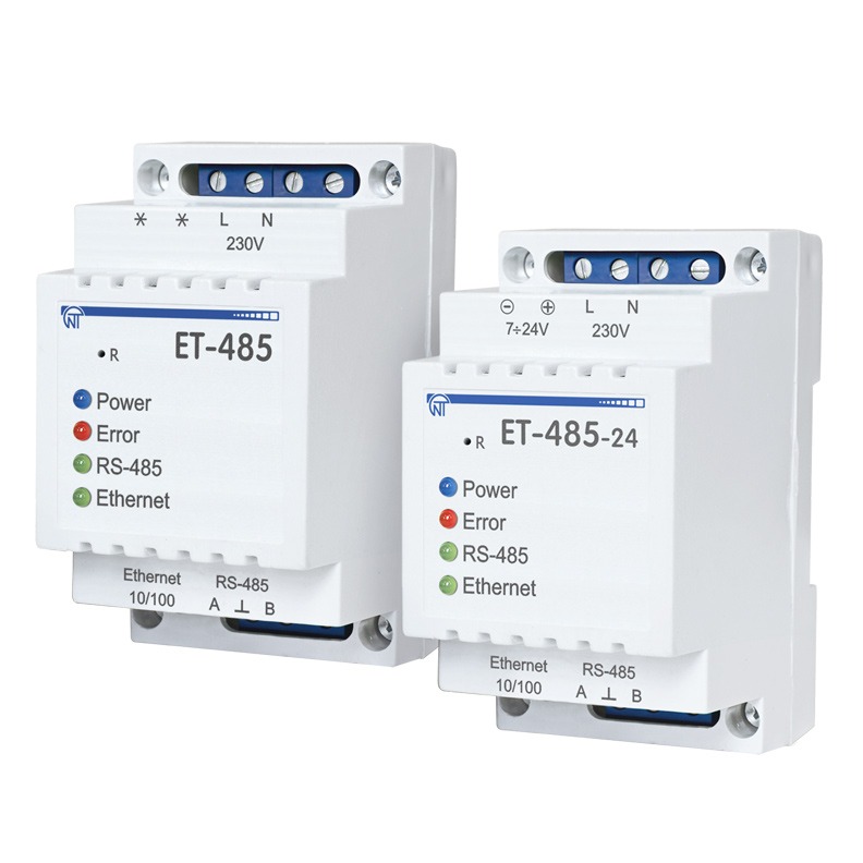 Dwa białe konwertery interfejsów ET-485 i ET-485-24, z widocznymi diodami LED (Power, Error, RS-485, Ethernet) i złączami Ethernet/RS-485, ustawione obok siebie na białym tle.