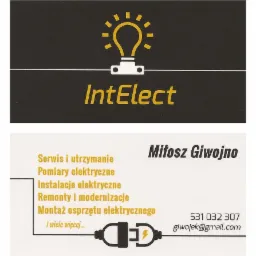 Wizytówka firmy 'IntElect' Miłosza Giwojno, oferującej serwis, pomiary, remonty i montaż osprzętu elektrycznego, z symbolem żarówki i wtyczki.