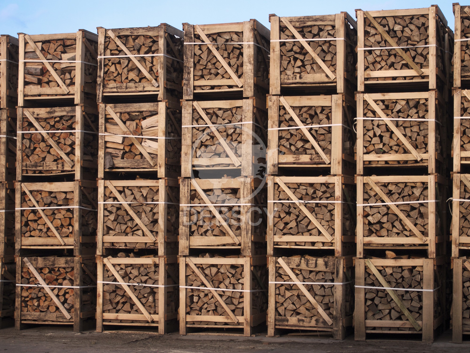 Tarcica opałowa w drewnianych skrzyniach, zabezpieczonych taśmą, składowana w Poznaniu.