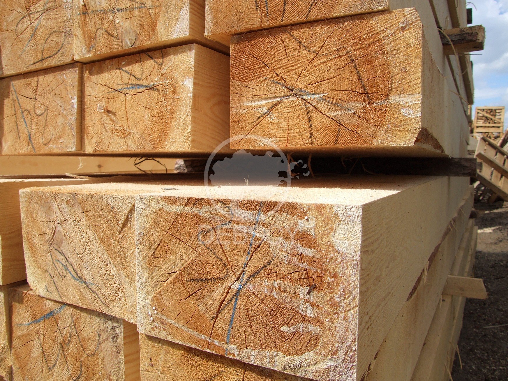 Stos kwadratowych belek z widocznymi słojami drewna i niebieskimi oznaczeniami, ułożonych warstwami na placu składowym, widoczny fragment nieba.