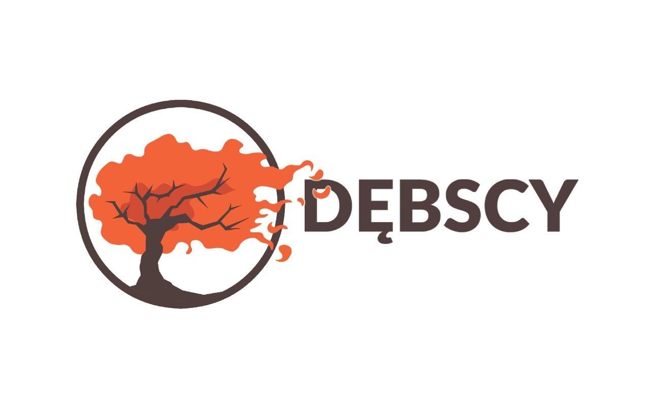 Logo firmy DĘBSCY z motywem drzewa dębu w okręgu, liście w odcieniach pomarańczy, pień i gałęzie brązowe.