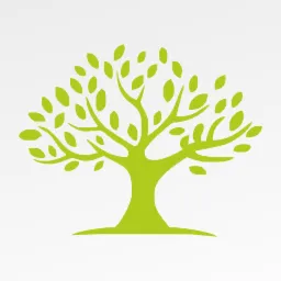 Stylizowana, jasnozielona sylwetka drzewa z gęstą koroną liści na białym tle. Minimalistyczny, graficzny projekt.