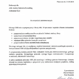 Skan referencji dla ASK Analizy Szkolenia Konsulting od firmy IRA Inteligente Rozwiązania Automatyki Sp. z o.o., datowane na 31.03.2010, z opisem współpracy, analiz, szkoleń i konsultingu...