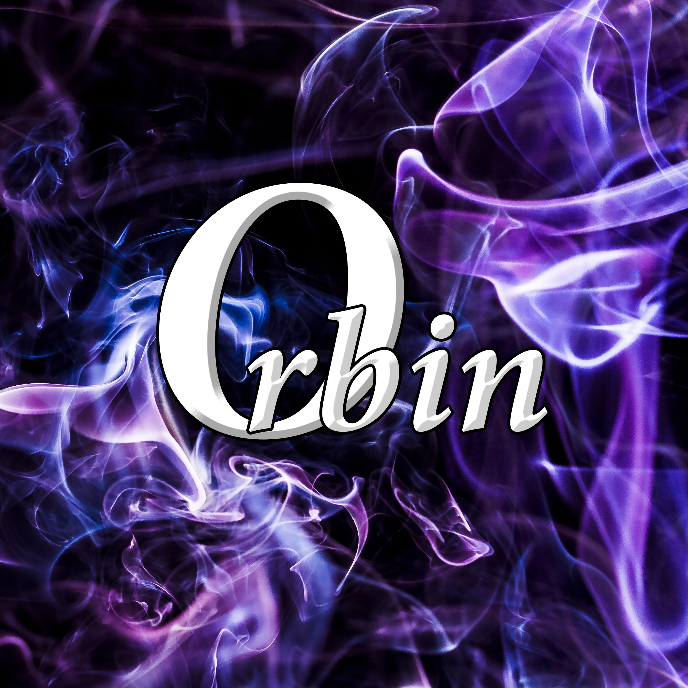 Abstrakcyjne tło z fioletowo-niebieskich smug dymu, nałożony biały napis 'Orbin' z cieniowaniem.