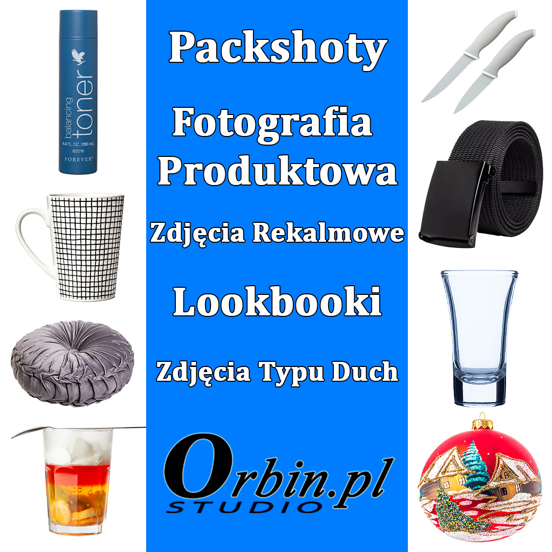 Kolaż zdjęć produktowych na niebieskim tle, zawierający toner, kubek w kratkę, poduszkę, drink, noże, pasek, kieliszek i bombkę. Widoczne napisy: Packshoty, Fotografia Produktowa, Zdjęcia Reklamowe...