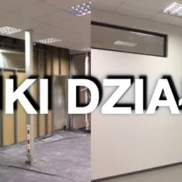 Porównanie dwóch etapów tworzenia ścianek działowych: surowa konstrukcja z metalowych profili i płyt kartonowo-gipsowych oraz gotowa, pomalowana ściana z oknami w biurze z oświetleniem rastrowym.