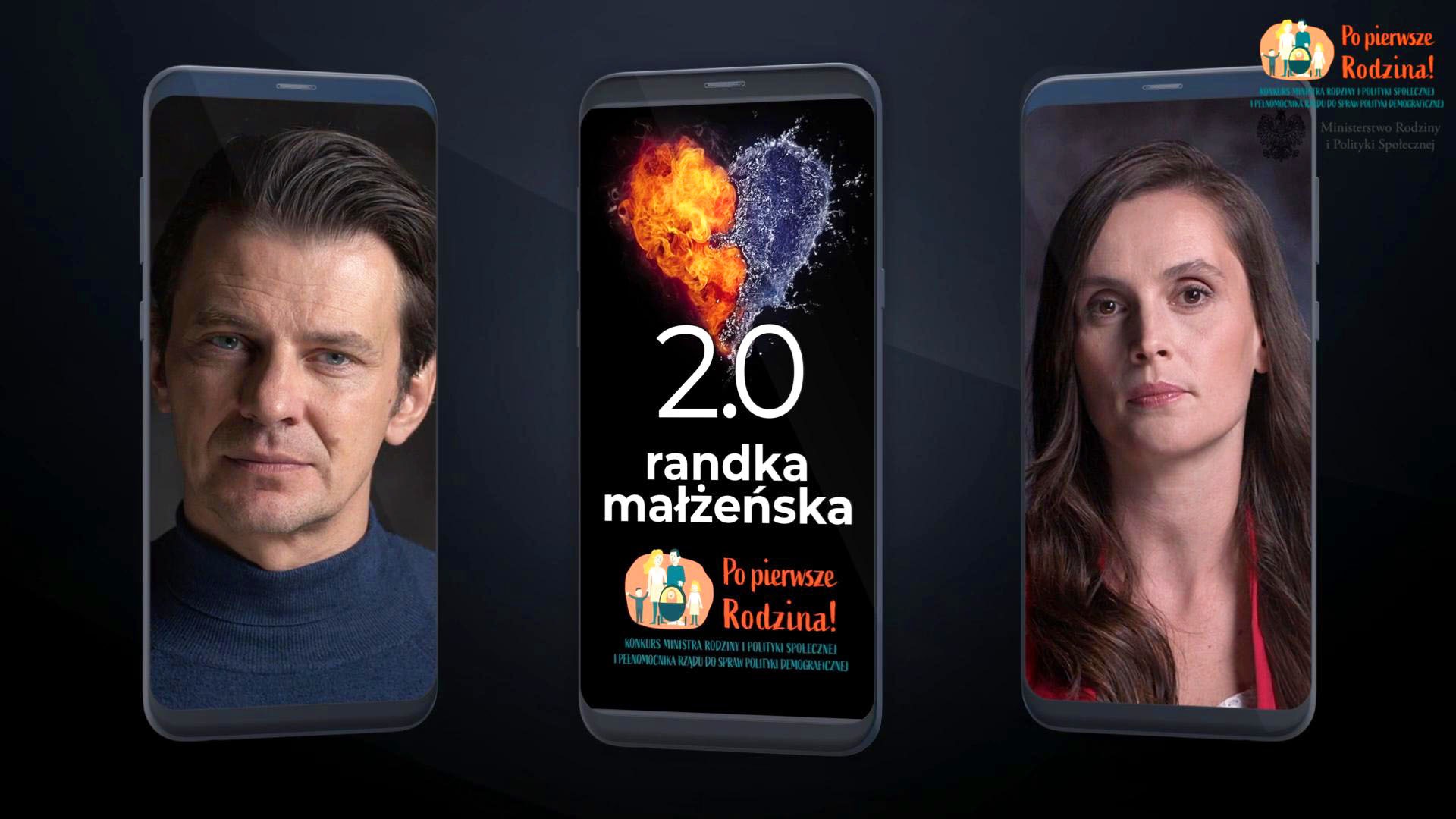 Trzy smartfony wyświetlające kampanię społeczną 'Po pierwsze Rodzina!' z portretami osób i grafiką serca podzielonego na ogień i wodę, promującą 'randkę małżeńską 2.0'.