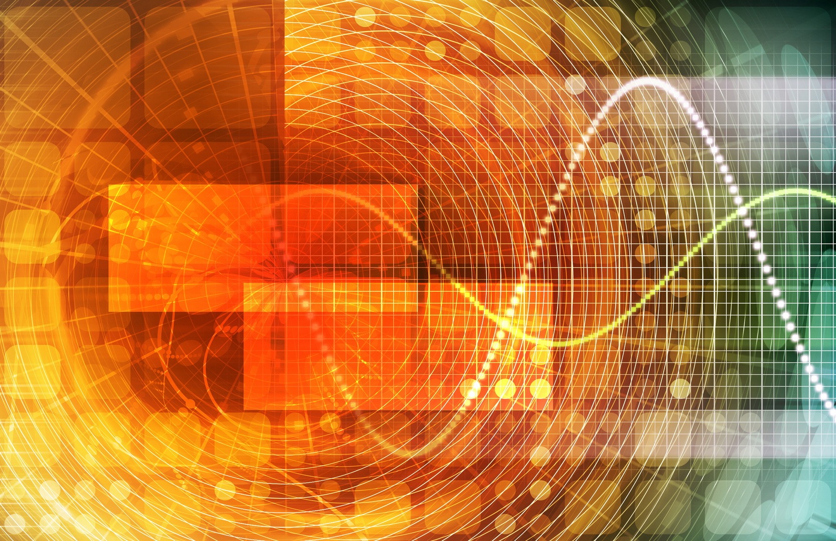 Abstrakcyjne tło z geometrycznymi kształtami, okręgami i sinusoidalnymi liniami w odcieniach pomarańczy, żółci i zieleni, przypominające wizualizację danych lub futurystyczną technologię.