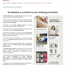 Kompozycja graficzna strony internetowej sklepu meblowego Decostreet, prezentująca 10 powodów, dla których warto wybrać ich ofertę, z miniaturkami zdjęć: dłoń dotykająca próbek tkanin, aranżacja...