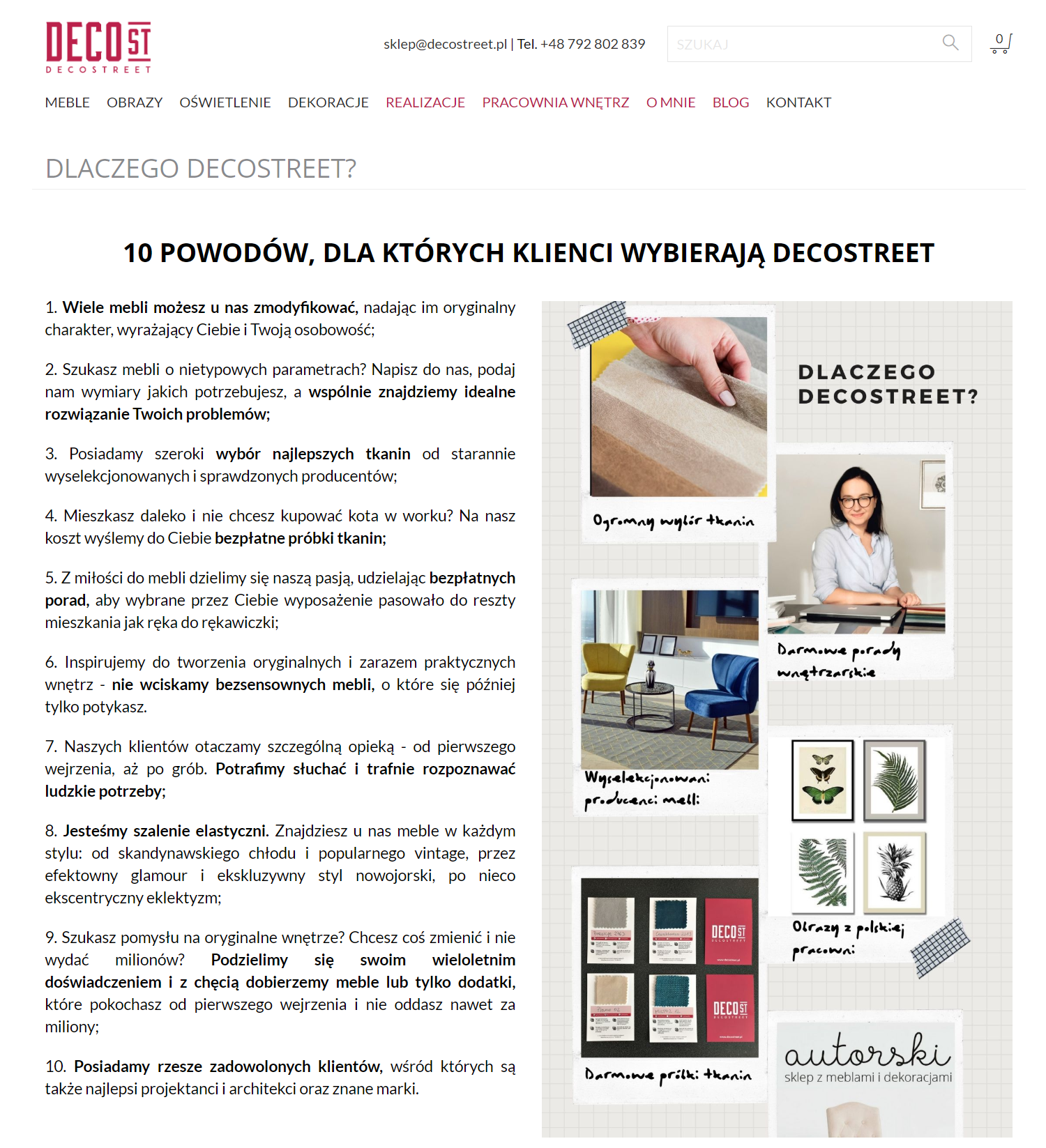 Kompozycja graficzna strony internetowej sklepu meblowego Decostreet, prezentująca 10 powodów, dla których warto wybrać ich ofertę, z miniaturkami zdjęć: dłoń dotykająca próbek tkanin, aranżacja...