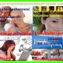 Kompozycja czterech obrazów: uśmiechnięta para seniorów, twarz kobiety z makijażem, osoba zakrywająca twarz dłońmi przed laptopem oraz znak drogowy z napisem 'Likwidacja już istniejących chorób'...