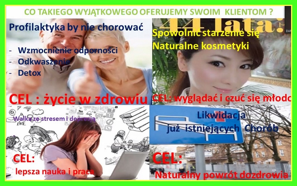 Kompozycja czterech obrazów: uśmiechnięta para seniorów, twarz kobiety z makijażem, osoba zakrywająca twarz dłońmi przed laptopem oraz znak drogowy z napisem 'Likwidacja już istniejących chorób'...
