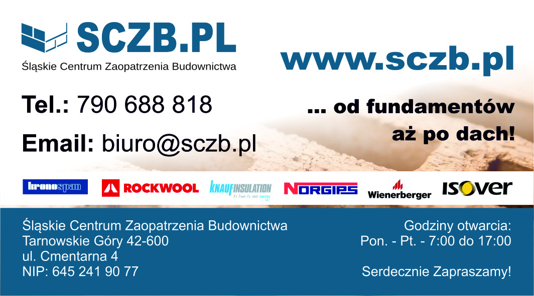 Reklama Śląskiego Centrum Zaopatrzenia Budownictwa z adresem, telefonem, emailem i logotypami producentów materiałów budowlanych: Kronospan, Rockwool, Knauf Insulation, Norgips, Wienerberger...