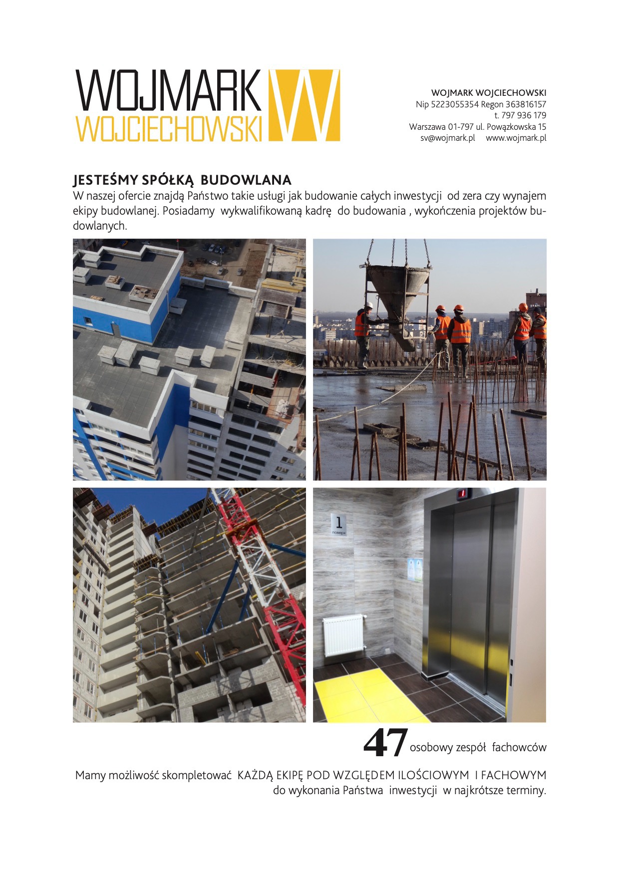 Kompozycja czterech zdjęć: widok z góry na budynek z niebieskim dachem, ekipa budowlana w pomarańczowych kamizelkach wylewająca beton, budowa szkieletu budynku z czerwonym żurawiem oraz wnętrze...