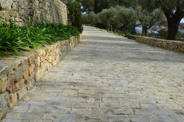 Długa, wyłożona jasną kostką droga wznosi się łagodnie pod górę, ograniczona z obu stron niskimi murkami z kamienia, na których rosną zielone rośliny. W tle widoczne drzewa i zabudowania.