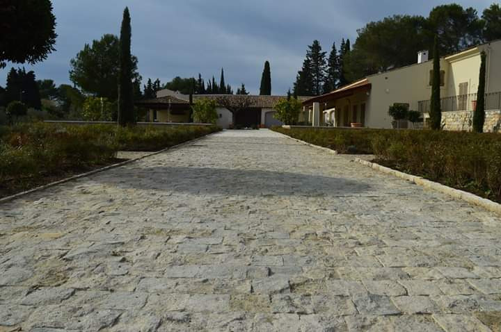 Długa, prosta ścieżka z jasnej kostki granitowej prowadząca do budynku z czerwonym dachem, otoczona niskimi krzewami i drzewami.