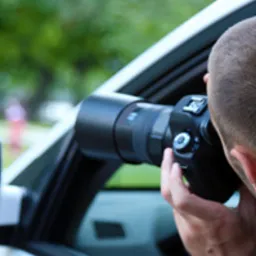 Osoba z krótkimi włosami robi zdjęcie aparatem z dużym obiektywem, siedząc w samochodzie; widok zza ramienia.