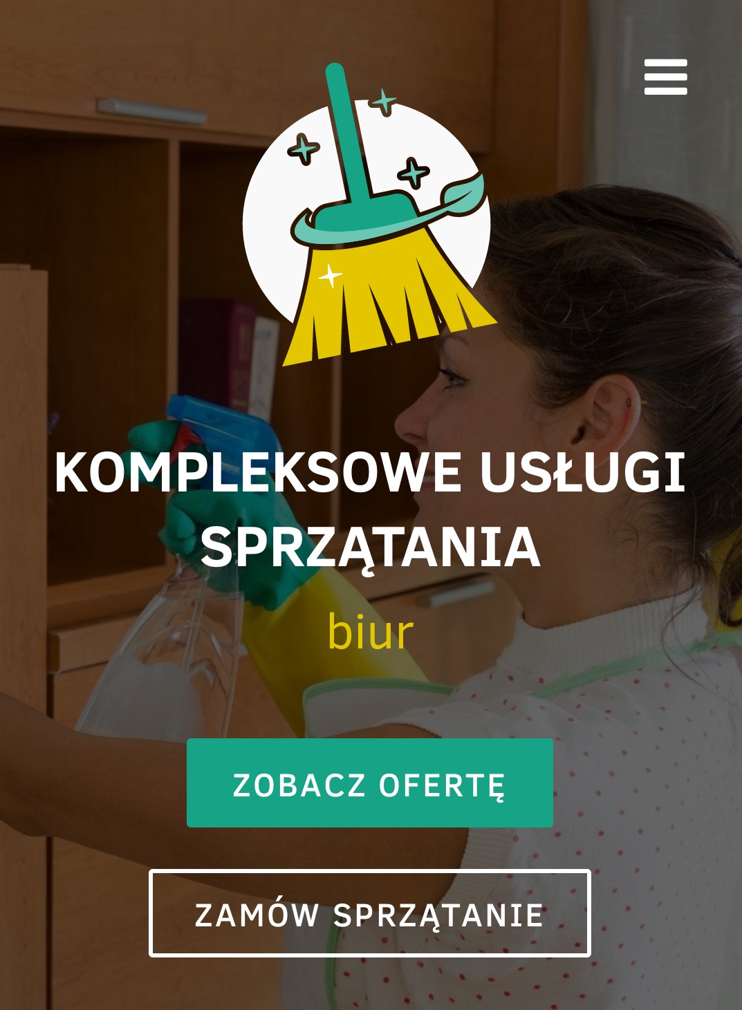 Grafika reklamowa: kobieta w rękawicach spryskuje szafkę środkiem czyszczącym, tekst 'Kompleksowe usługi sprzątania biur', ikona szczotki, przyciski 'Zobacz ofertę' i 'Zamów sprzątanie'.