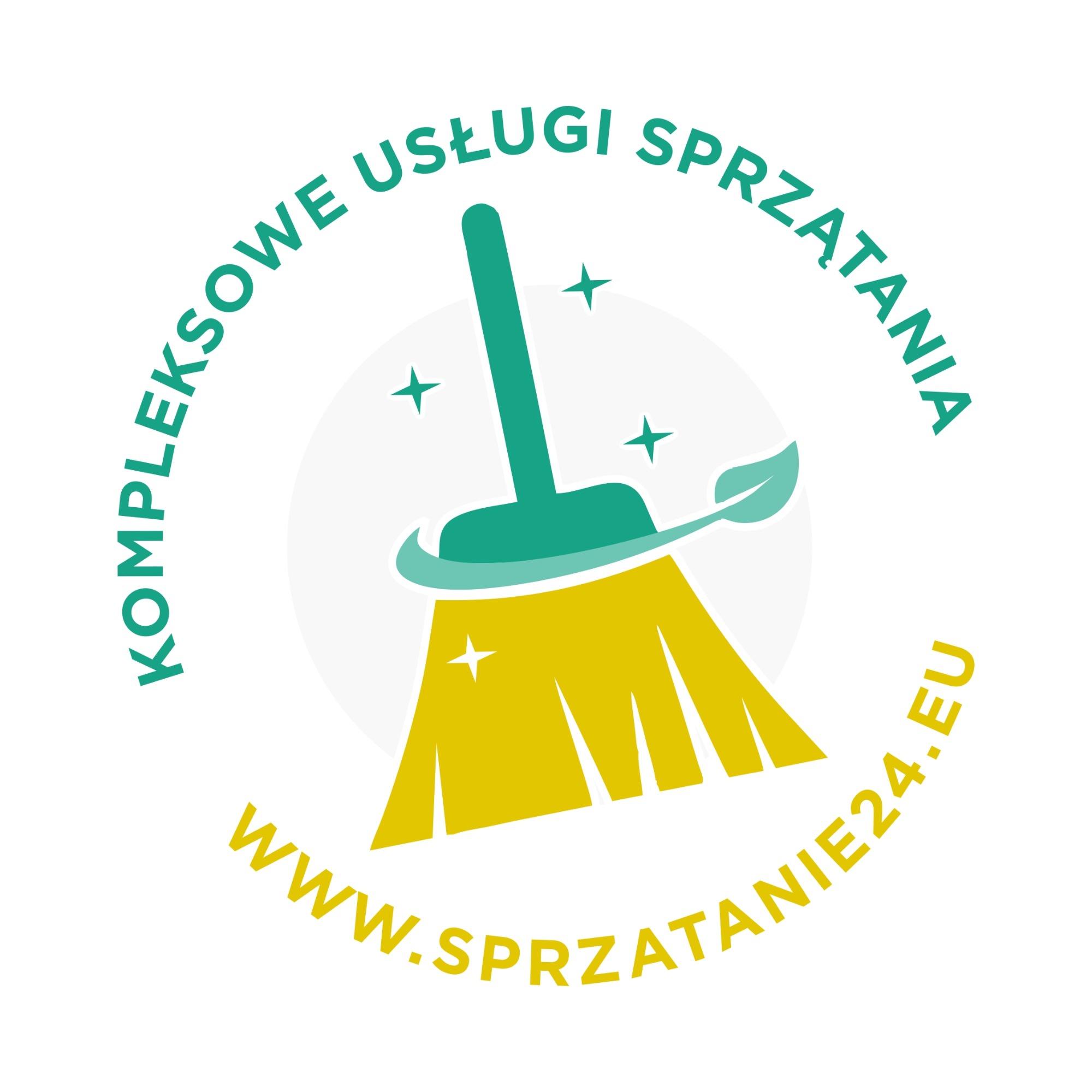 Logo firmy sprzątającej z motywem miotły i napisem 'KOMPLEKSOWE USŁUGI SPRZĄTANIA WWW.SPRZATANIE24.EU'