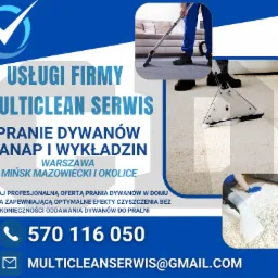 Grafika reklamowa firmy Multiclean Serwis z Warszawy oferującej pranie dywanów, kanap i wykładzin, z ilustracjami przedstawiającymi proces czyszczenia dywanów za pomocą specjalistycznego odkurzacza...