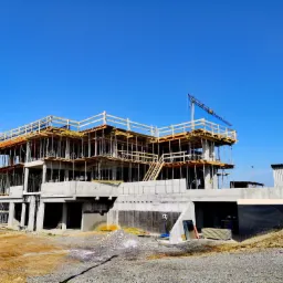 Wznoszenie surowego, trzypiętrowego budynku z betonu z widocznym szalunkiem i zbrojeniami na tle błękitnego nieba, z żurawiem budowlanym w tle.