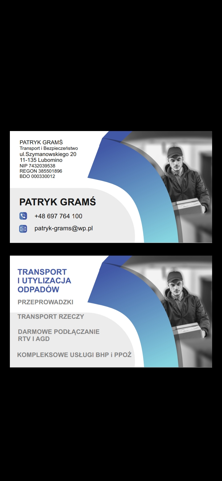 Wizytówka firmy transportowej Patryk Gramś, oferującej transport rzeczy, utylizację odpadów, przeprowadzki oraz kompleksowe usługi BHP i PPOŻ. W tle grafika przedstawiająca kuriera z paczką.