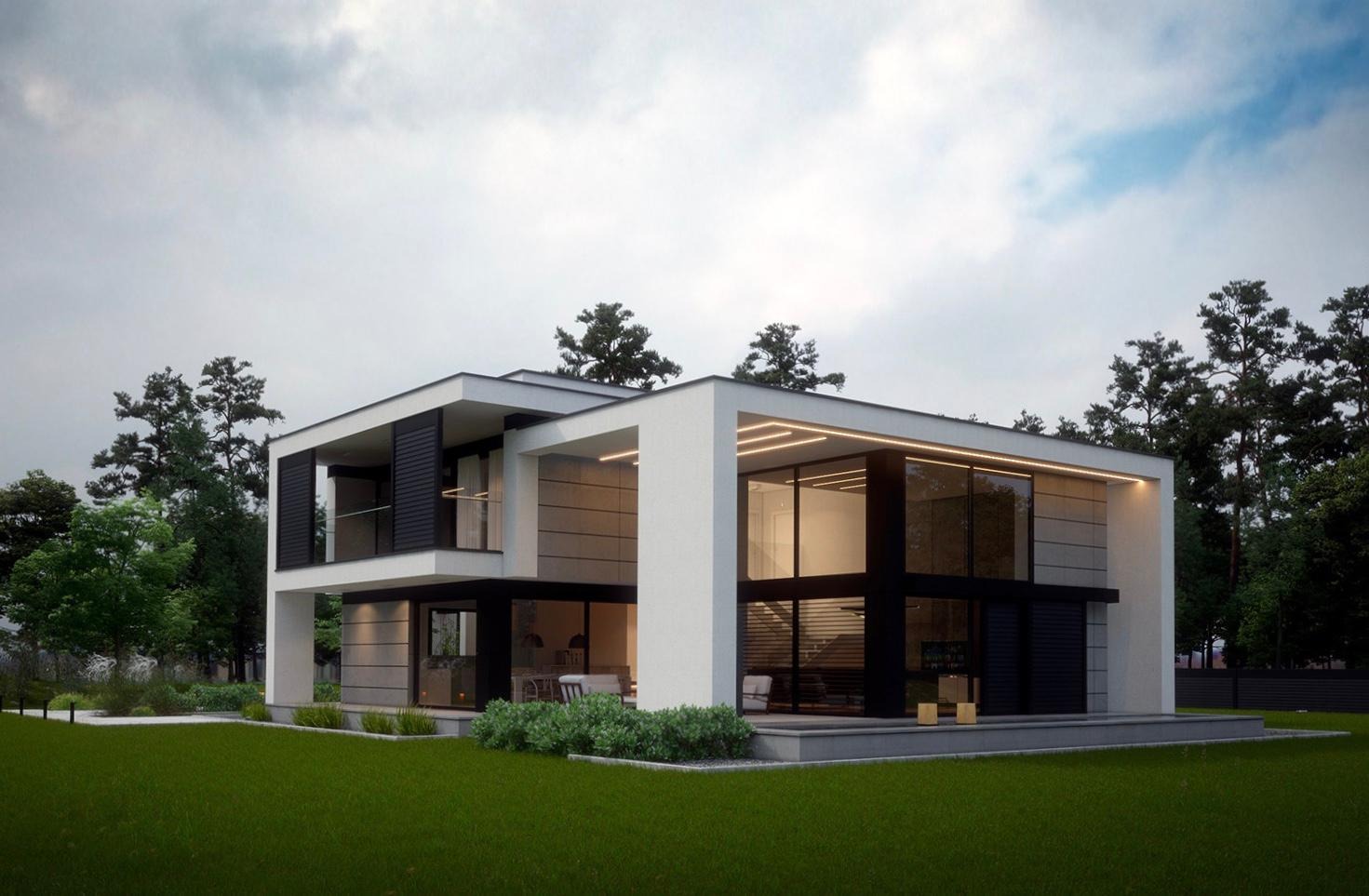 Nowoczesny, dwukondygnacyjny dom z płaskim dachem, dużymi przeszkleniami i elementami w kolorze czarnym, otoczony zielonym trawnikiem i drzewami, oświetlony z zewnątrz listwami LED.