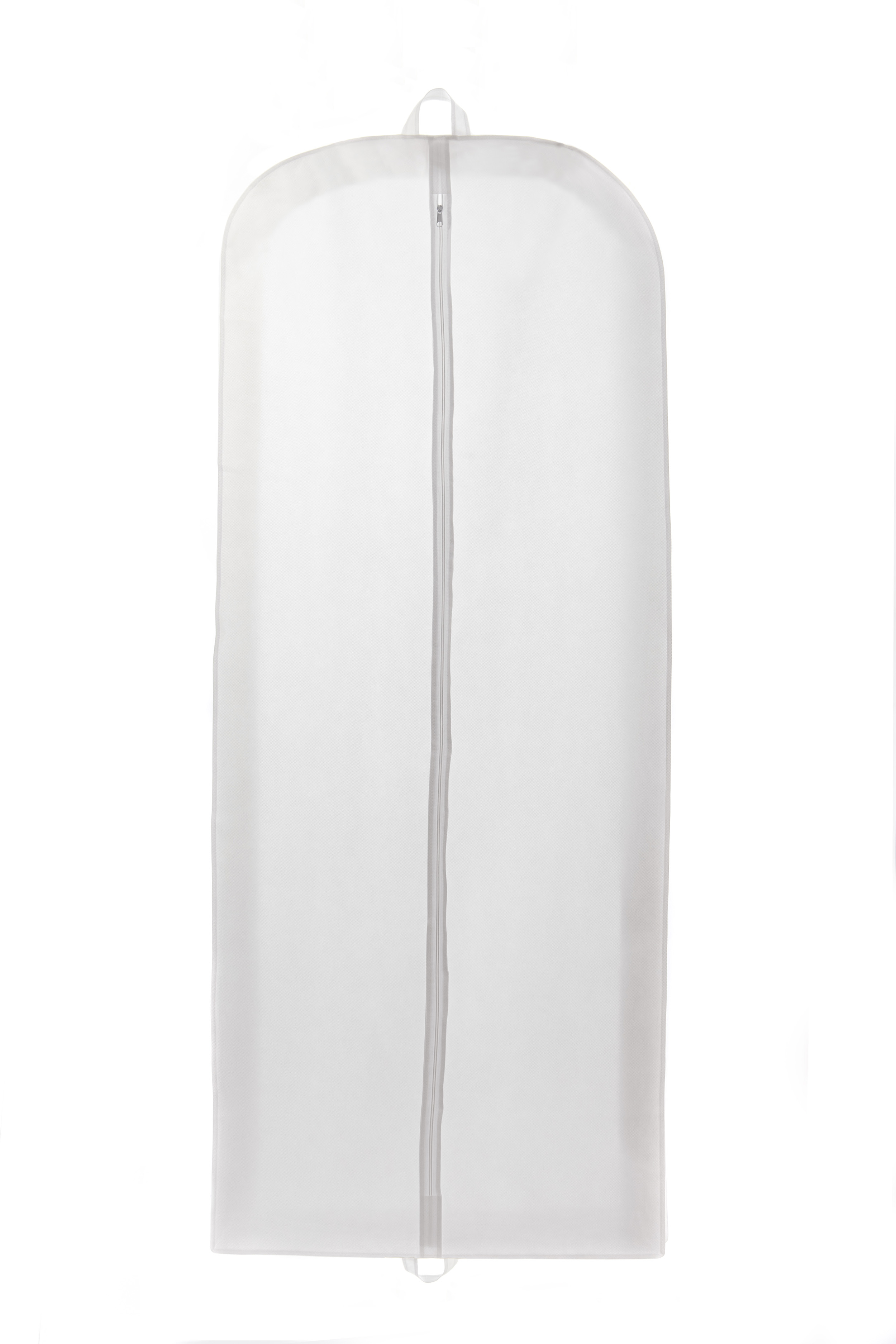 Półprzezroczysty, biały pokrowiec na ubrania z zamkiem błyskawicznym na środku, zawieszony na wieszaku z uchwytem.