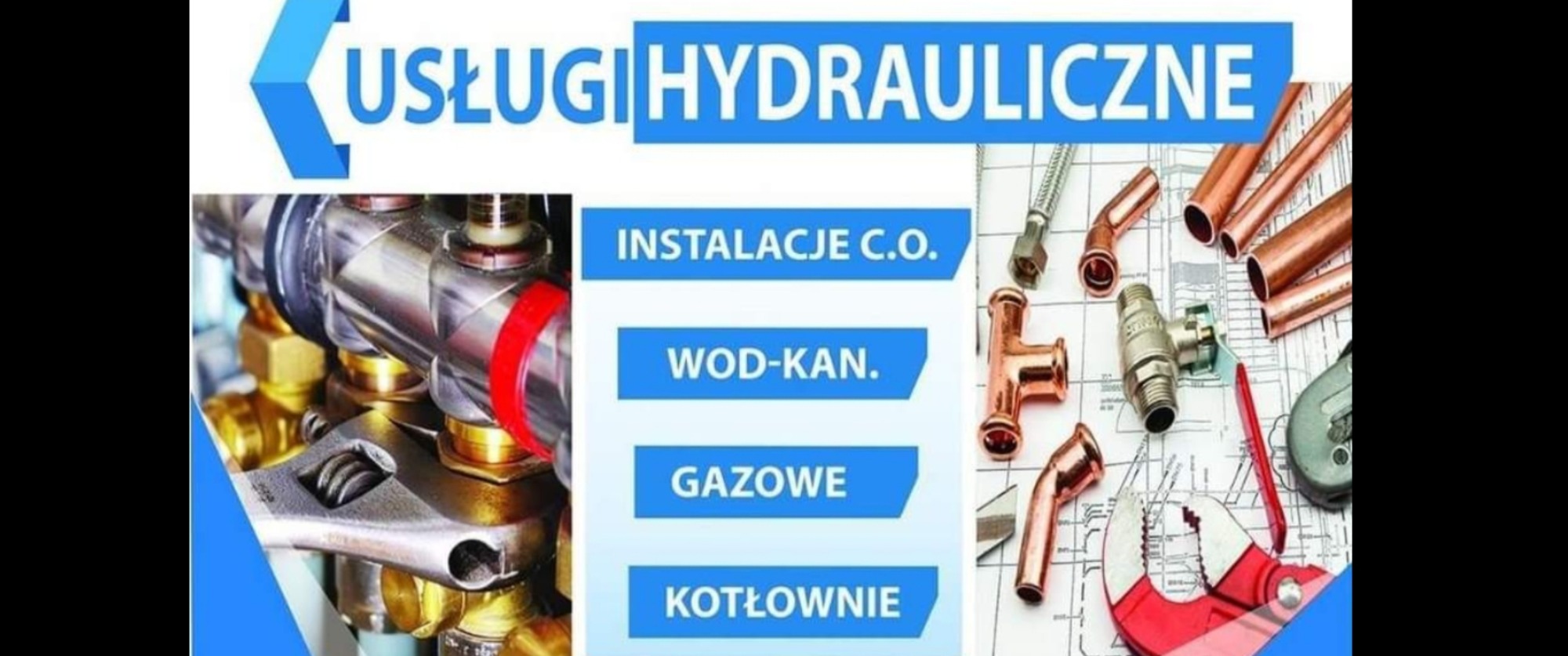 Kolaż z elementami instalacji hydraulicznych, armaturą i narzędziami na tle schematu instalacji. Klucz nastawny na złączce. Reklama usług hydraulicznych.