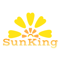 Graficzne logo SunKing z stylizowanym słonecznikiem w odcieniach żółci i pomarańczy na czarnym tle.