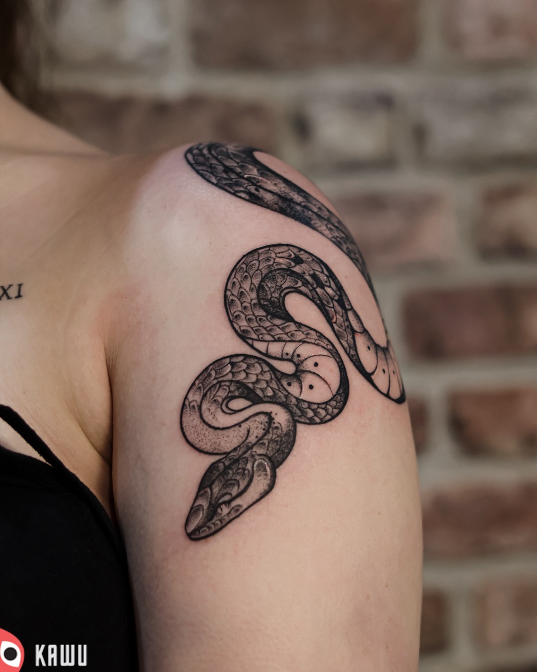 Tatuaż czarnej żmii owiniętej wokół ramienia kobiety, wykonany w stylu graficznym z delikatnym cieniowaniem, na tle ceglanej ściany.
