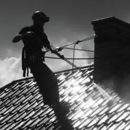 Czarno-białe zdjęcie mężczyzny w uprzęży, czyszczącego dach strumieniem wody pod ciśnieniem, z widocznym kominem i pochmurnym niebem w tle.