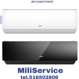 Mili Service - Dwa klimatyzatory AUX, biały i czarny, na białym tle z logo AUX i danymi kontaktowymi MiliService.