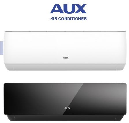 Dwa klimatyzatory AUX, jeden biały, drugi czarny, prezentowane na białym tle.