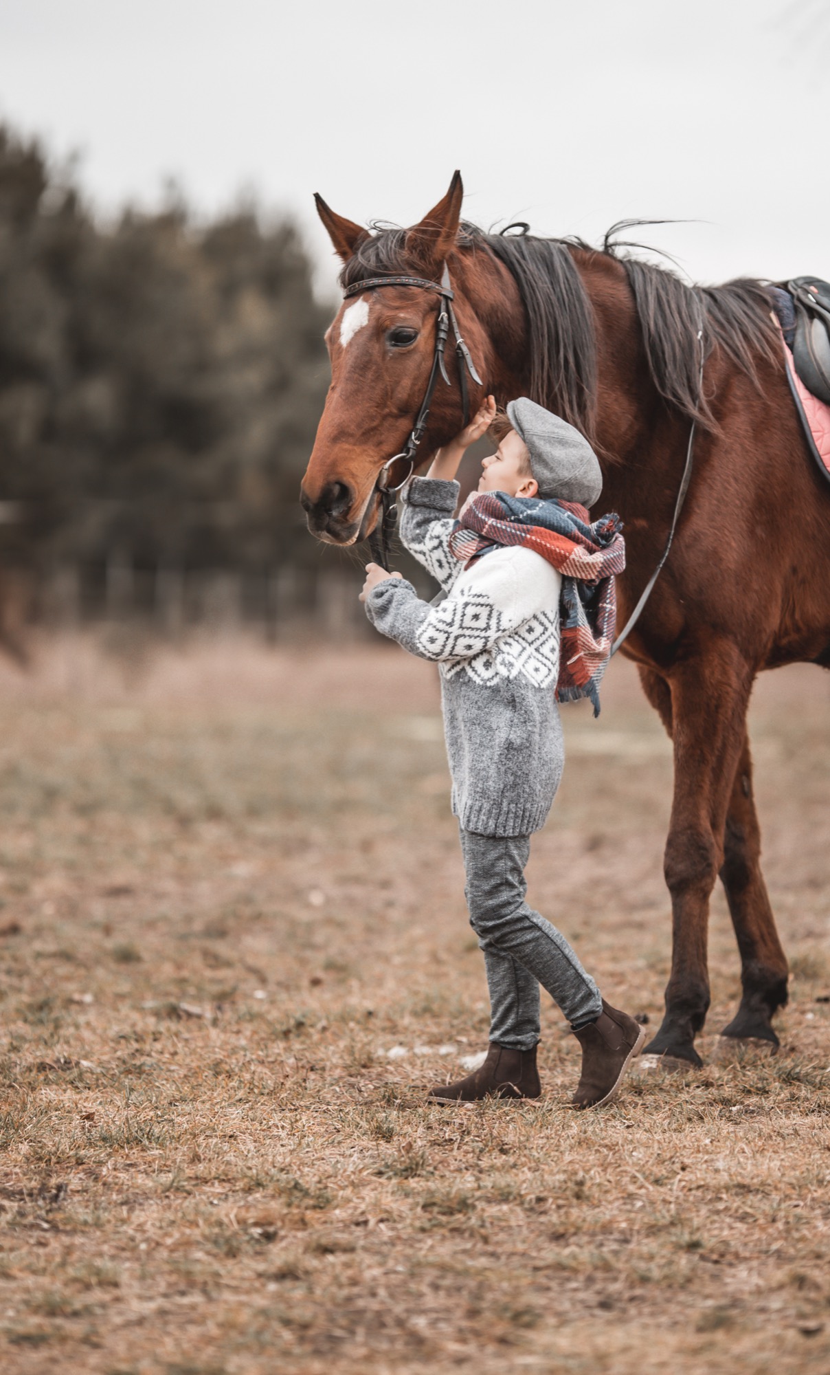 Chłopiec w szarym swetrze i kaszkiecie delikatnie dotyka pyska brązowego konia z białym znakiem na czole na tle polany.